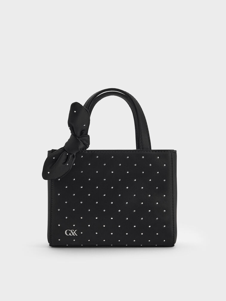 Satin Studded Knotted-Bow Mini Bag, Noir Studded Satin, hi-res