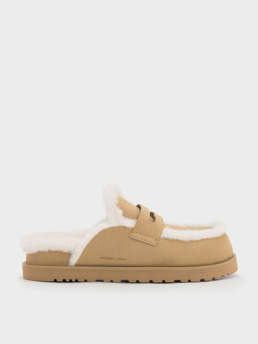 Furry Flatform Mules, Sand, hi-res