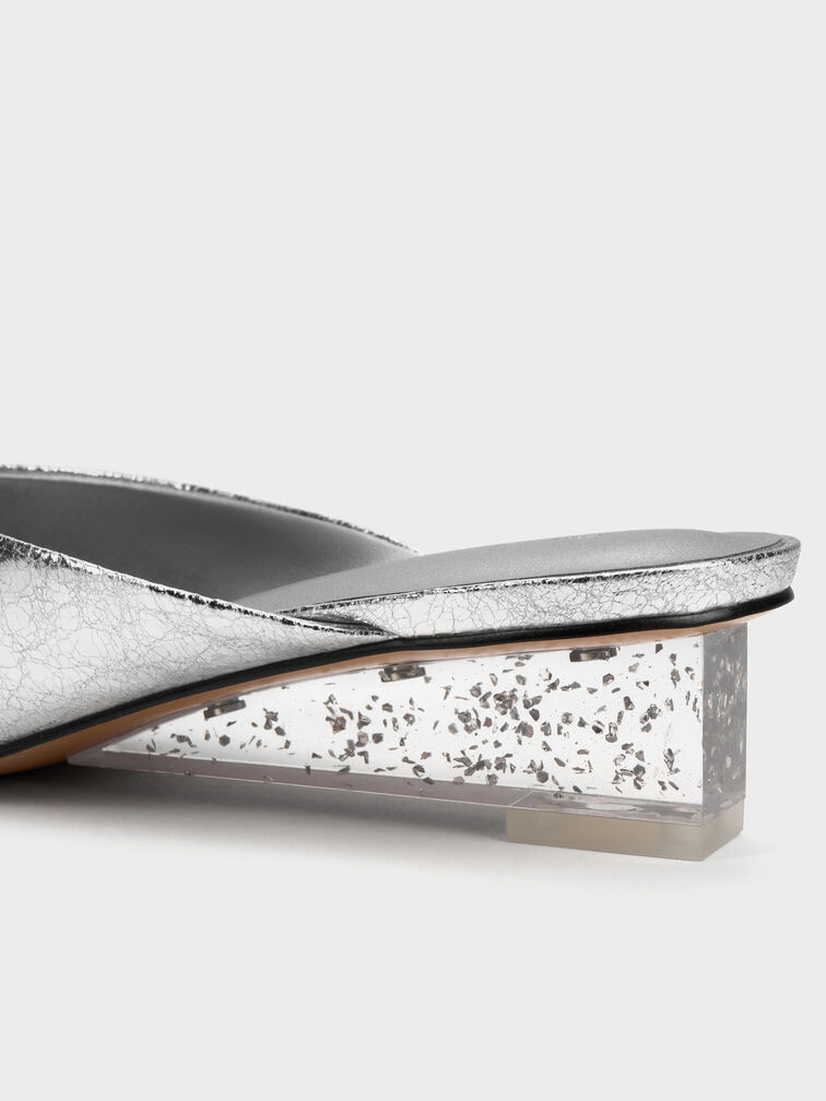 Metallic Speckled-Heel Wedge Mules​, Silver, hi-res