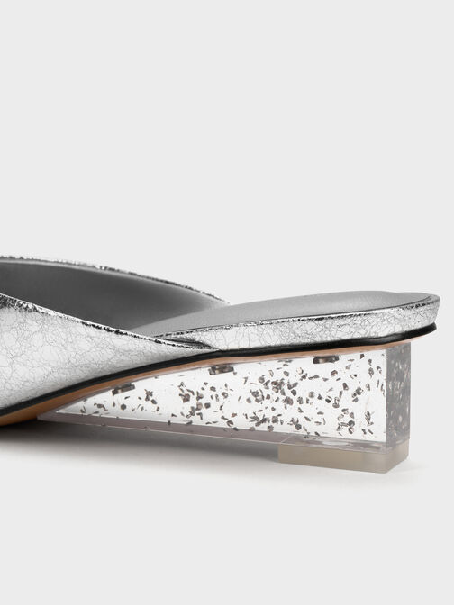 Metallic Speckled-Heel Wedge Mules​, Silver, hi-res