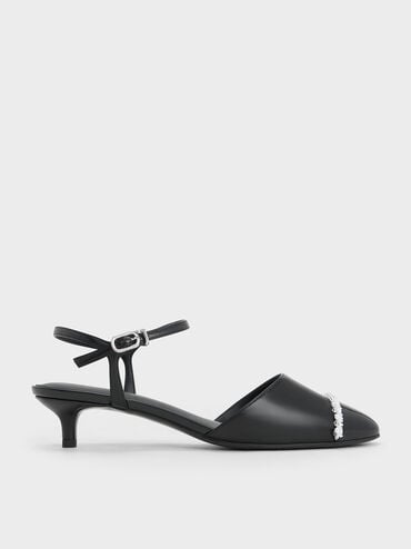 Pearl-Embellished Cap-Toe Kitten Heels, Black, hi-res