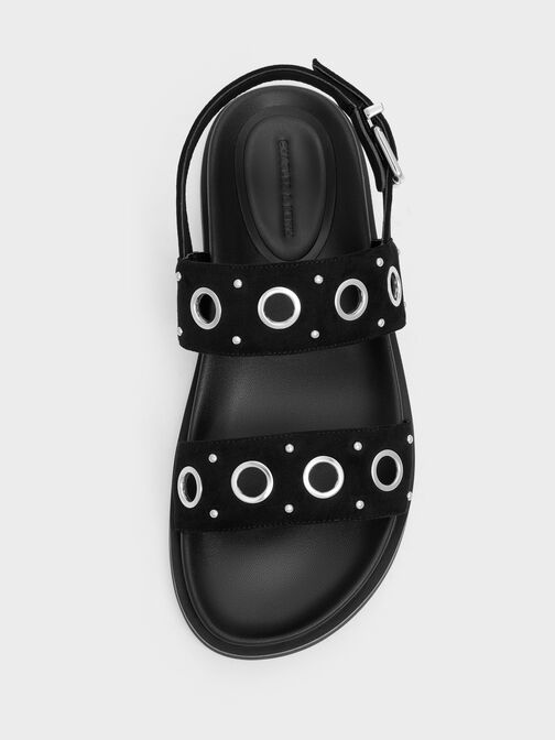 Faux Suede Grommet Slingback Sandals, Black Textured, hi-res