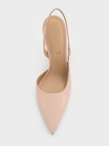 Patent Leather Crystal-Buckle Slingback Pumps, Pink, hi-res
