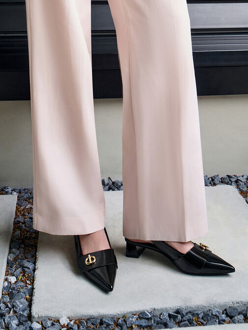 حذاء مفتوح من الخلف بمقدمة مدببة وحلية معدنية أنيقة, صندوق أسود, hi-res