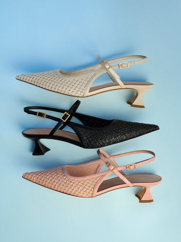 Raffia Sculptural-Heel Slingback Pumps, Pink, hi-res