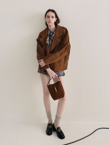 Cesia Metallic-Accent Bucket Bag, Pecan Brown, hi-res