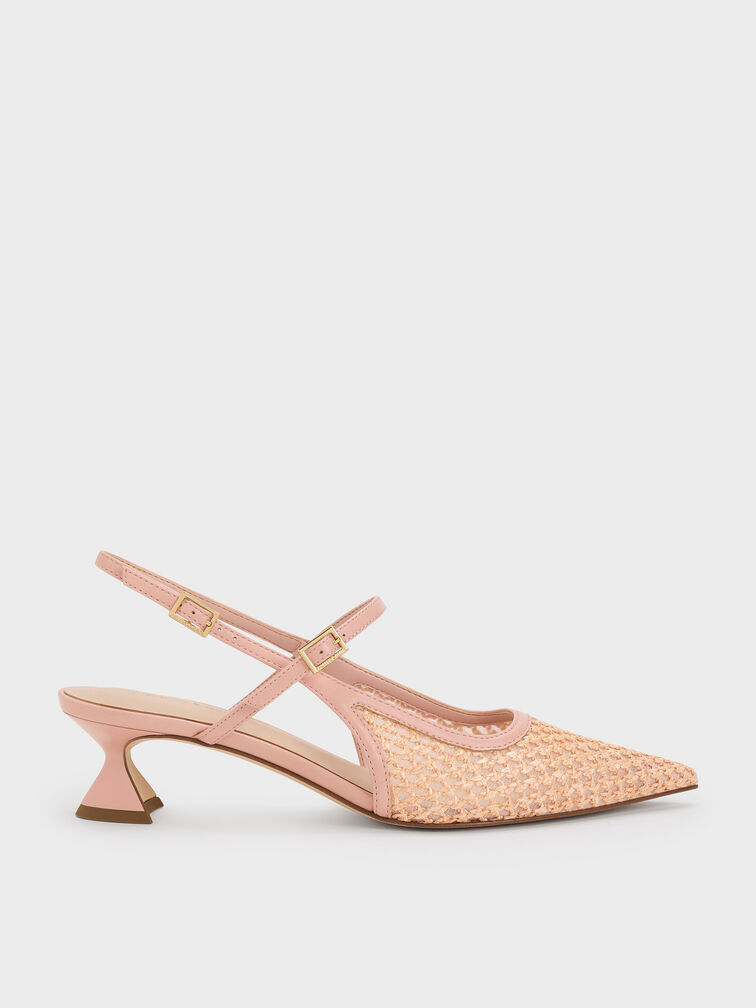 Raffia Sculptural-Heel Slingback Pumps, Pink, hi-res