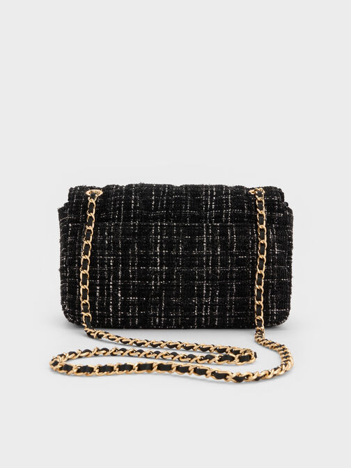 Arwen Tweed Diamond-Quilt Shoulder Bag, Black Tweed, hi-res