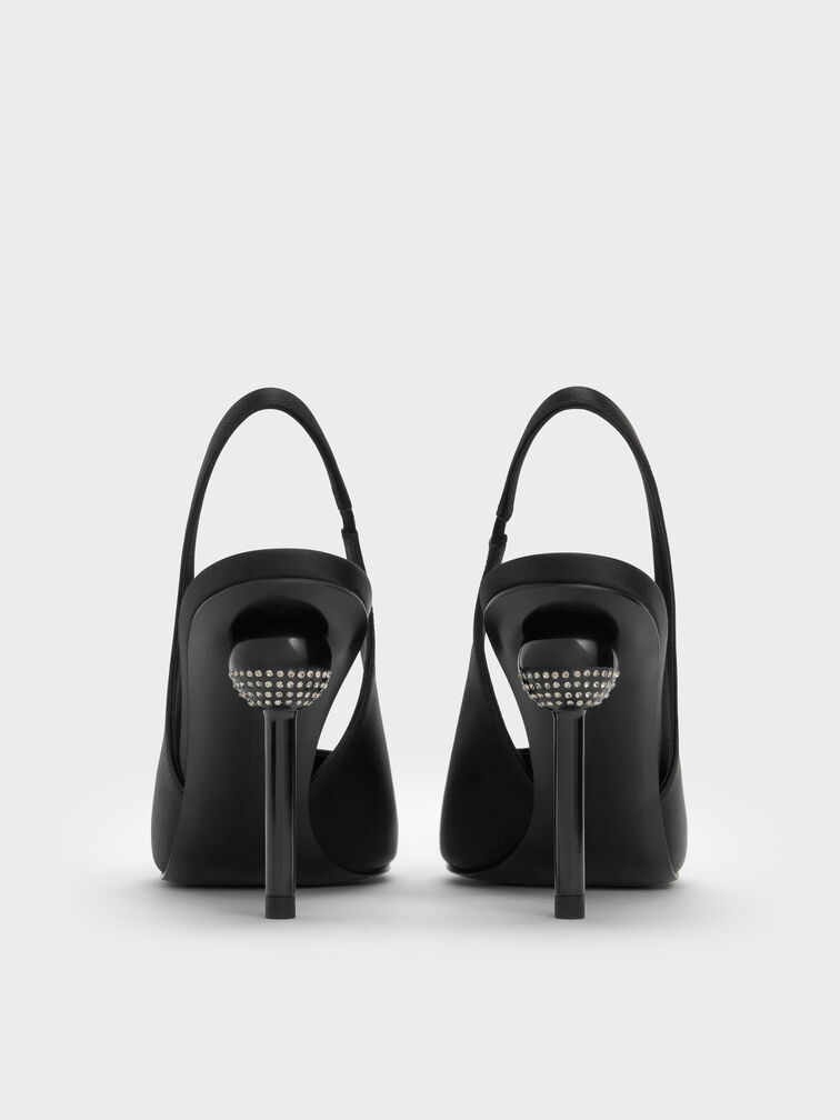 Satin Crystal Ball-Heel Slingback Pumps, Black Textured, hi-res