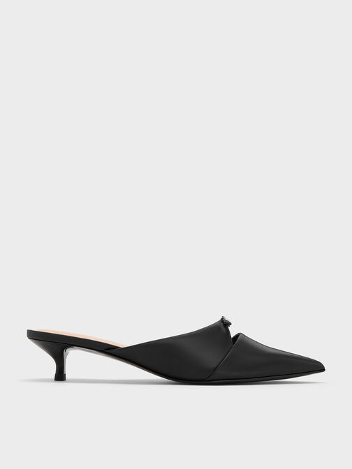 Crystal-Buckle Pointed-Toe Kitten-Heel Mules, Black, hi-res