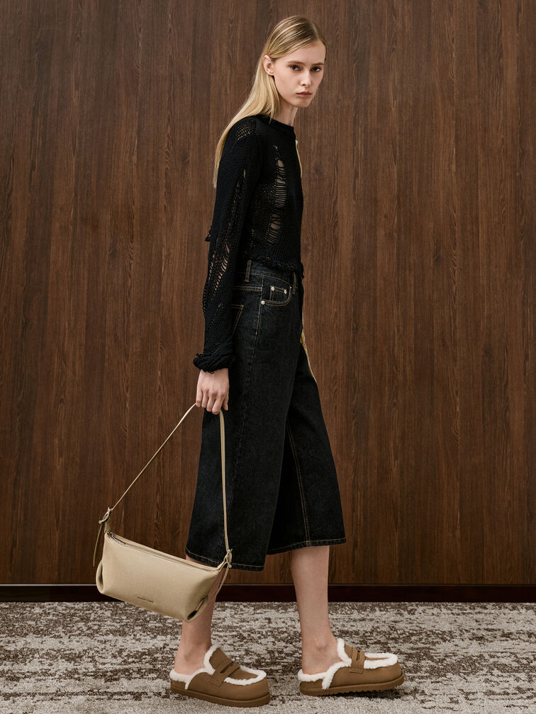 Furry Flatform Mules, Brown, hi-res