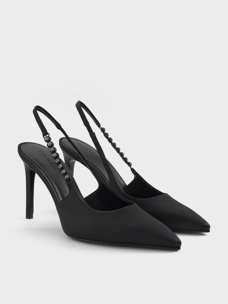 حذاء فلوريس مفتوح من الخلف مزين بحزام مرصّع بالأحجار من بوليستر معاد تدويره, أسود, hi-res