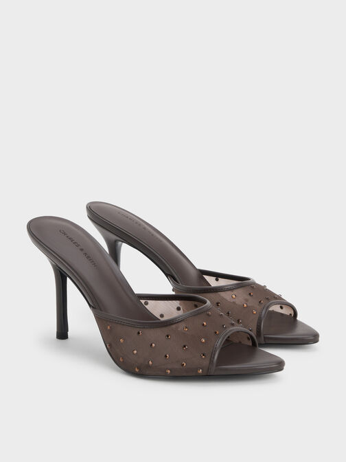 Mesh Crystal Peep-Toe Heeled Mules, Dark Brown Textured, hi-res