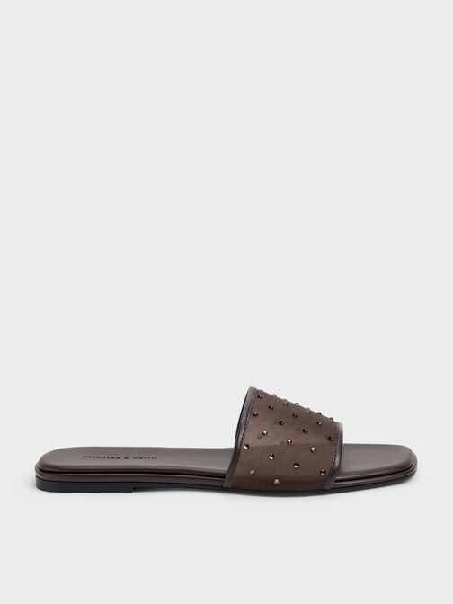 Mesh Crystal Slide Sandals, Dark Brown Textured, hi-res