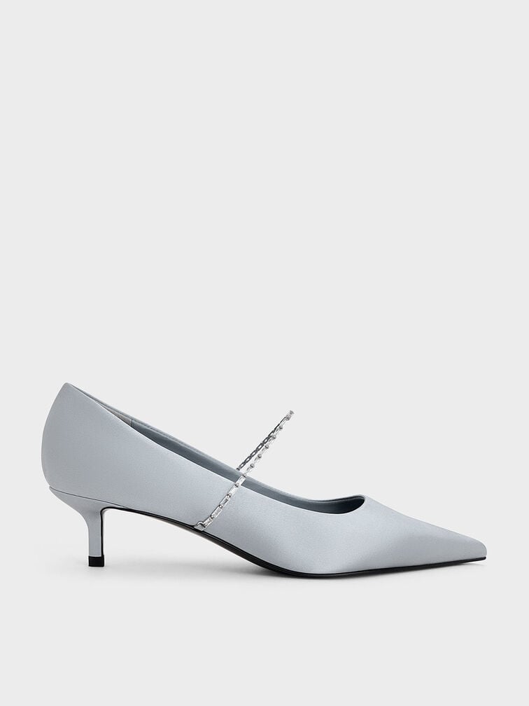 Satin Embellished-Strap Pointed-Toe Pumps, Blue, hi-res