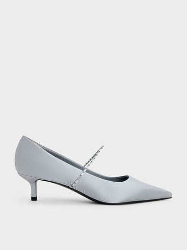 Satin Embellished-Strap Pointed-Toe Pumps, Blue, hi-res