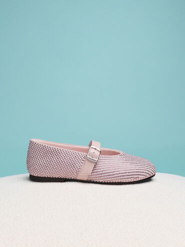 Girls' Pearl-Crystal Mary Jane Flats, Light Pink, hi-res