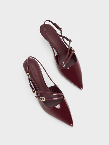 Patent Pointed Slingback Kitten Heels, Maroon, hi-res