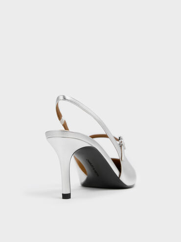 Metallic Pointed Slingback Mary Jane Pumps, Silver, hi-res