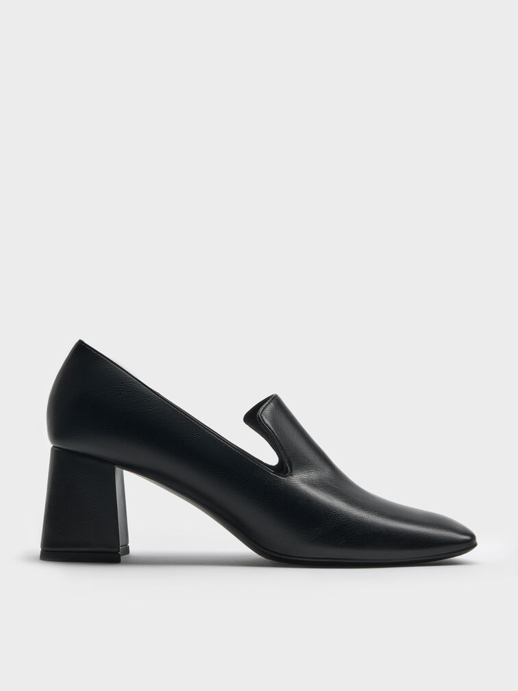 Square-Toe Block-Heel Loafer Pumps, Black, hi-res
