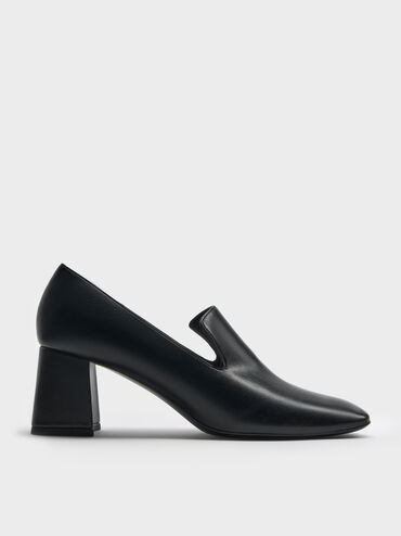 Square-Toe Block-Heel Loafer Pumps, Black, hi-res