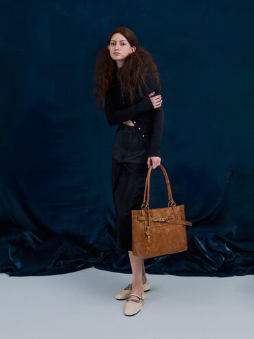 Delfina Belted Tote Bag, Distressed Tan, hi-res