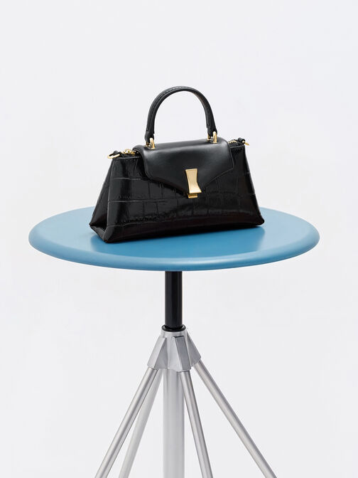 Micro Lilibet Croc-Effect Top Handle Bag, Black, hi-res