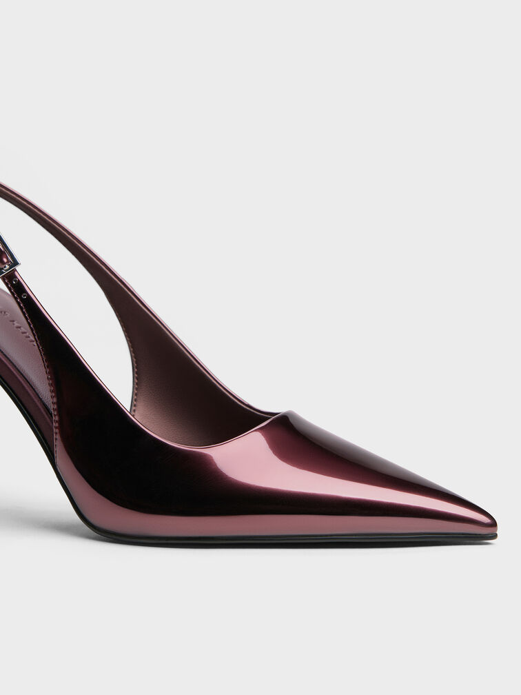 Metallic Pointed Slingback Pumps, Burgundy, hi-res