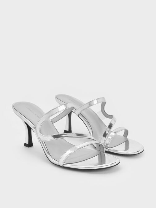 Arden Metallic Wavy Heeled Mules, Silver, hi-res