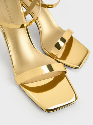 Metallic Ankle-Strap Heeled Sandals, Gold, hi-res