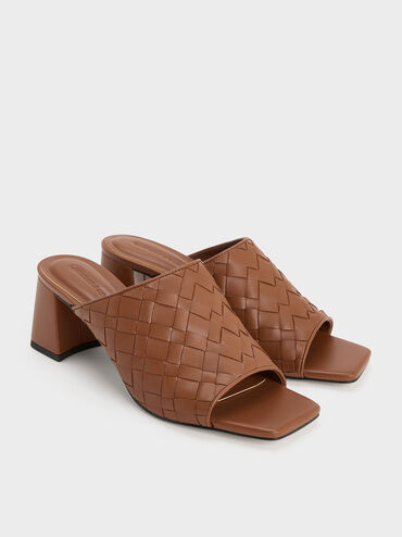 Ivette Woven Heeled Mules, Brown, hi-res