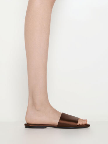 Satin Slide Sandals, Dark Brown, hi-res