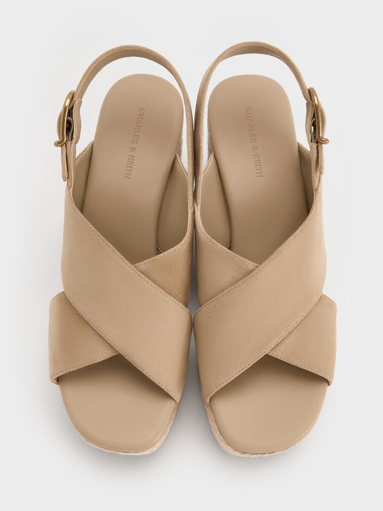 Faux Suede Crossover Espadrille Wedges, Sand, hi-res