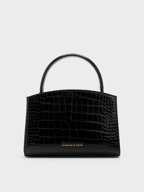 Aubrielle Croc-Effect Belted Top Handle Bag, Black, hi-res