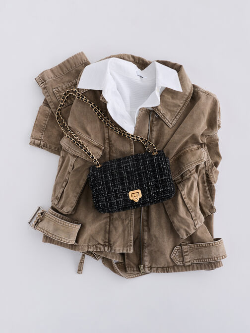 Arwen Tweed Diamond-Quilt Shoulder Bag, Black Tweed, hi-res
