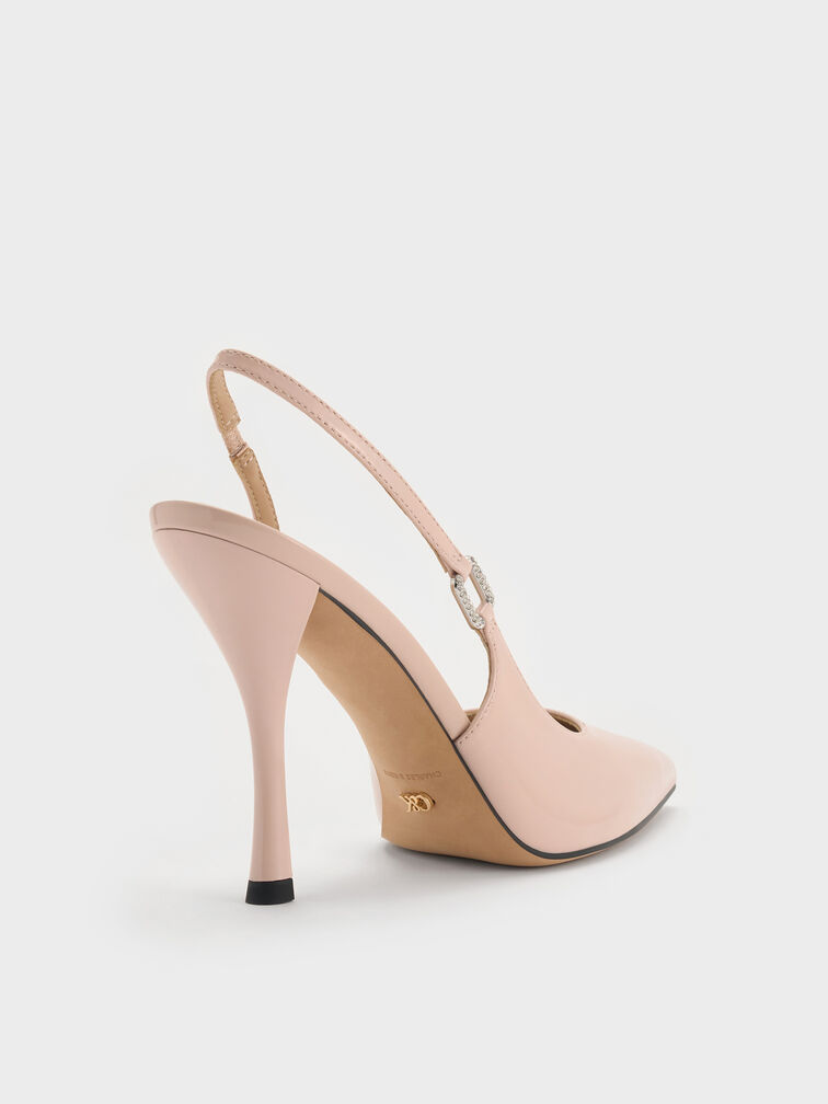 Patent Leather Crystal-Buckle Slingback Pumps, Pink, hi-res
