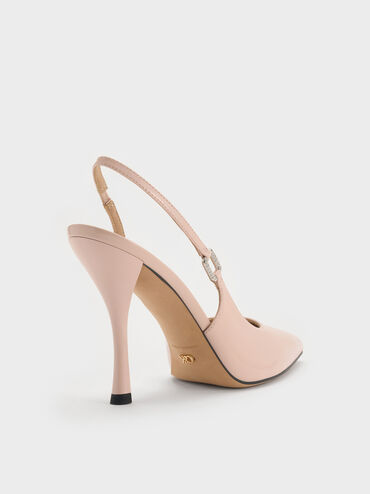 Patent Leather Crystal-Buckle Slingback Pumps, Pink, hi-res