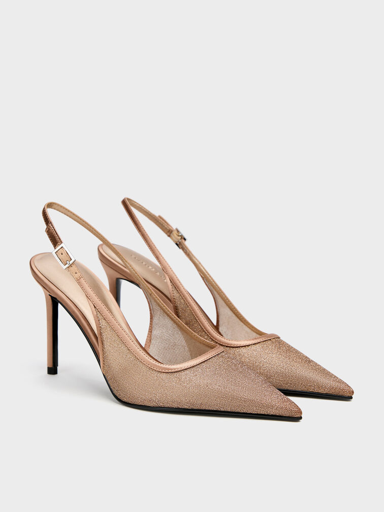 حذاء كعب عالي مدبب من القماش الشبكي اللامع, بني, hi-res