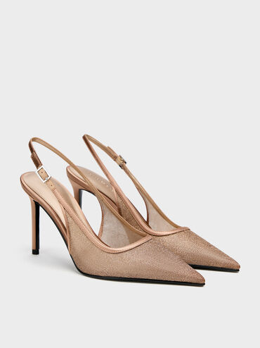 حذاء كعب عالي مدبب من القماش الشبكي اللامع, بني, hi-res