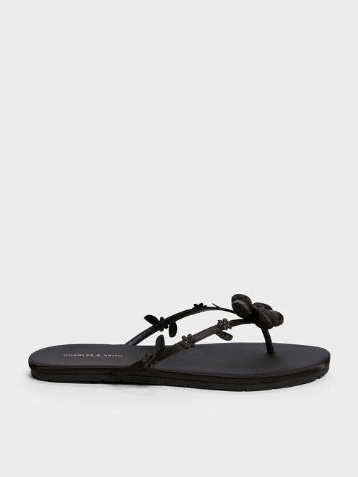 Puffy Flower Thong Sandals, Black Textured, hi-res