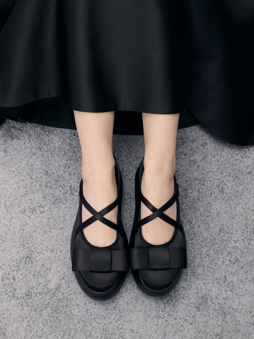 Brantley Bow Platform Mary Janes, Black Textured, hi-res