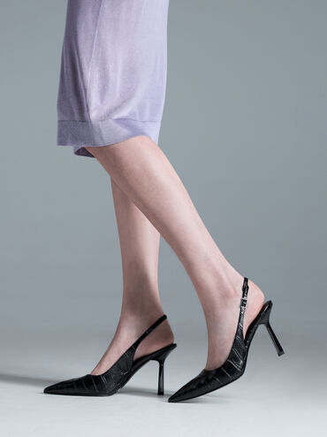 حذاء بامبس بكعب عالٍ سلينجباك مدبب بنقشة جلد التمساح, أسود حيواني, hi-res