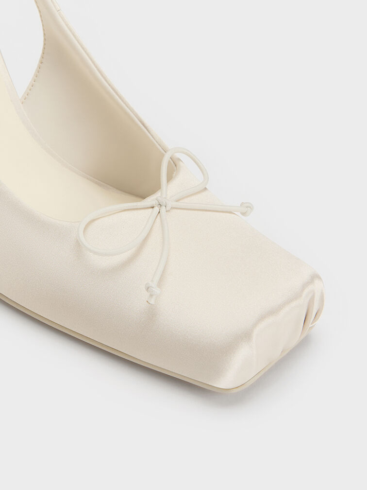 Satin Ruched Stiletto Slingback Pumps, Chalk, hi-res