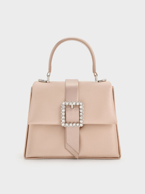 Satin Crystal-Buckle Belted Top Handle Bag, Sunset Nude, hi-res