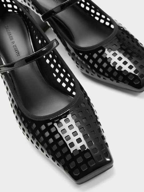 Patent Perforated Square-Toe Block-Heel Mary Jane Pumps, Black Patent, hi-res