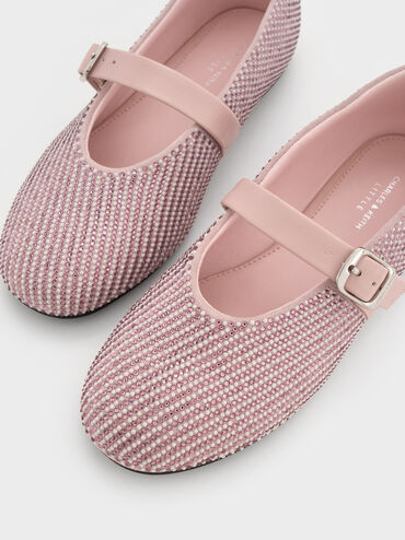 Girls' Pearl-Crystal Mary Jane Flats, Light Pink, hi-res