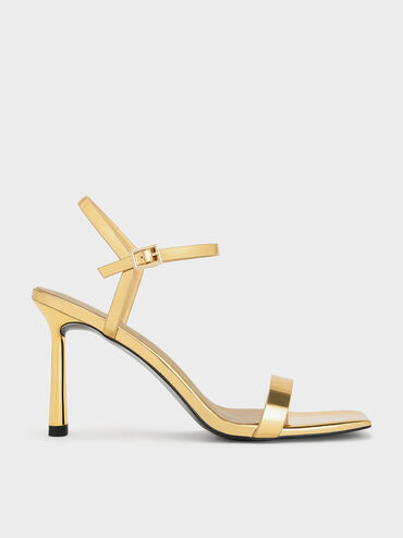 Metallic Ankle-Strap Heeled Sandals, Gold, hi-res