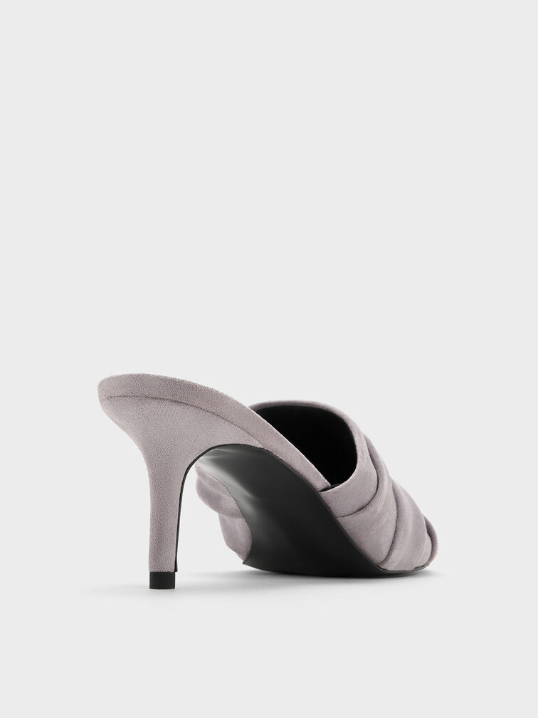 Faux Suede Ruched Heeled Mules, Lilac, hi-res