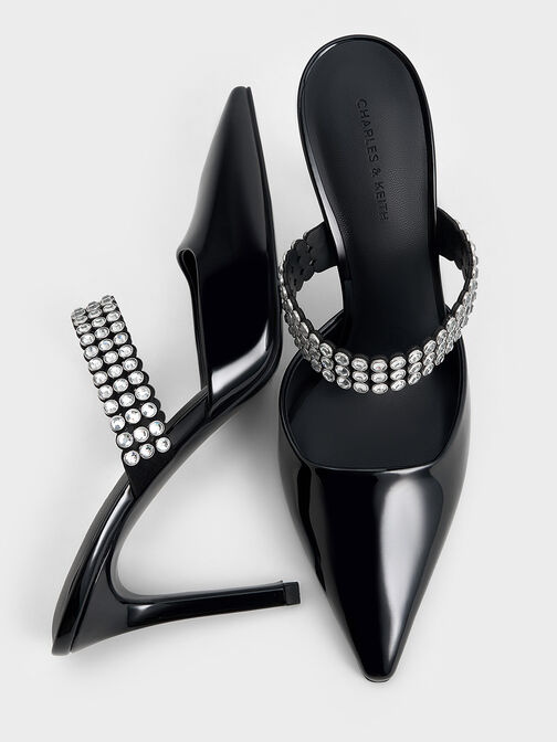 Patent Crystal-Embellished Heeled Mules, Black Patent, hi-res