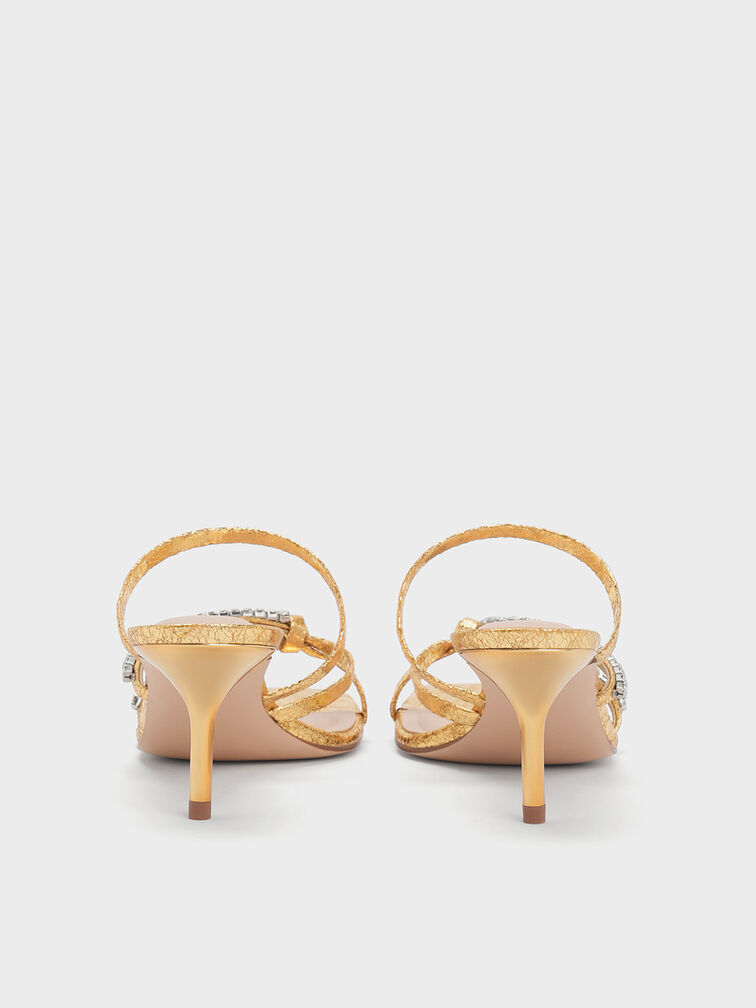 Textured Gem-Embellished Strappy Heeled Sandals, Gold, hi-res